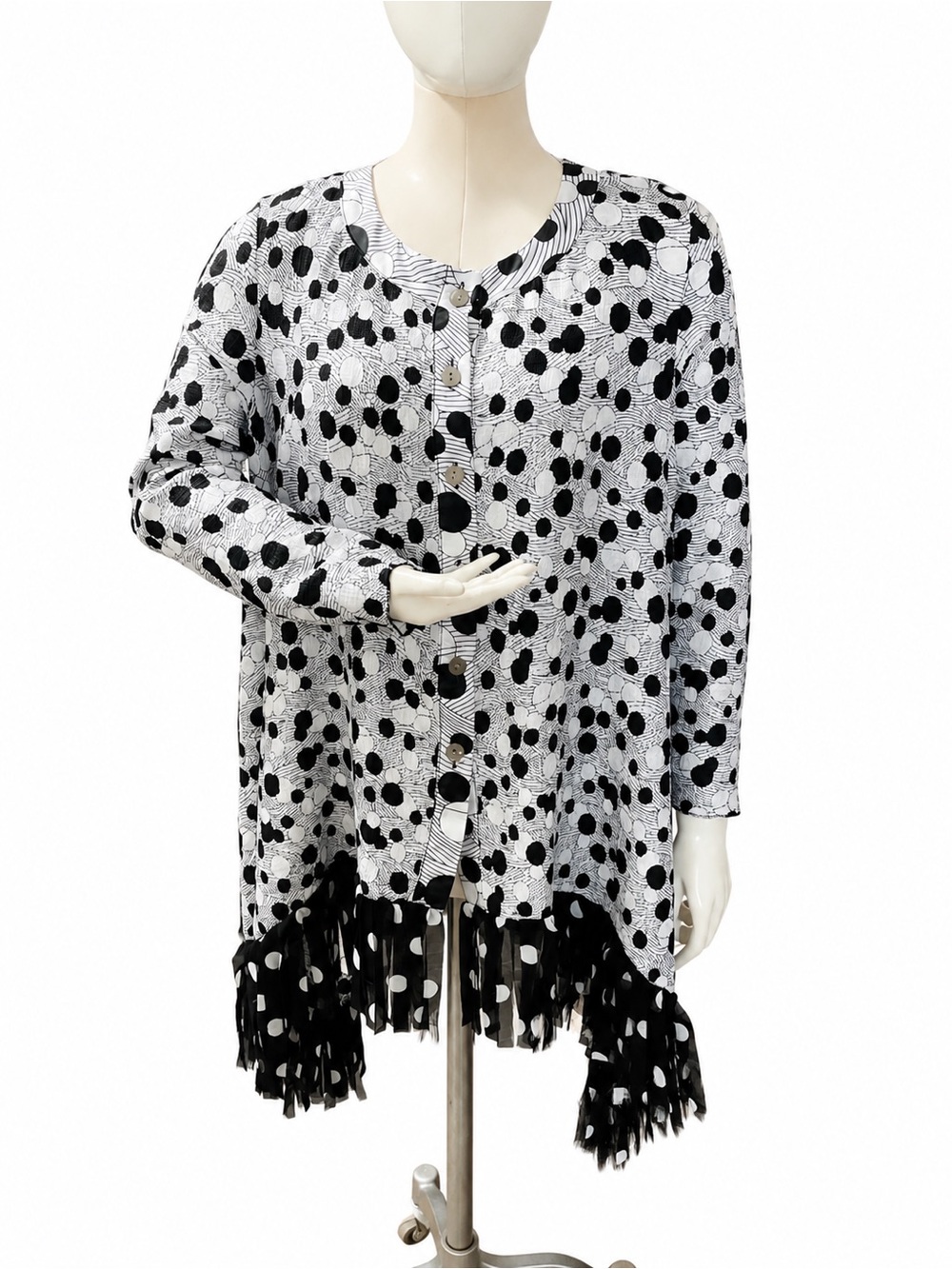 Jerry T Women’s M Black White Abstract Dot Print Tunic Top Long Sleeve Fringe He